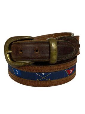 YRI Mens Golf Belt Canvas Leather Tabs Size 42/105 Brown Blue Brass Buckle